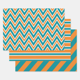 Teal, Orange, and White Chevron & Stripe Patterns Inpakpapier Vel