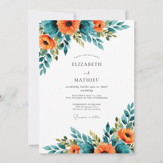 Teal Orange Spectacular Summer Wedding Kaart (Voorkant)