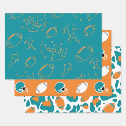 Teal, Orange & White Football Patterns Inpakpapier Vel (Set)