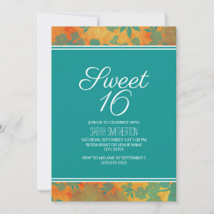 Teal Oranje Bloemige Sweet 16 Meisjes Kaart