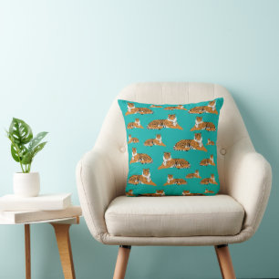 Teal Oranje Tijger Dier Patroon Kussen