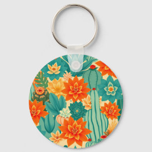 Teal Oranje Woestijn Cactus Bloei Sleutelhanger