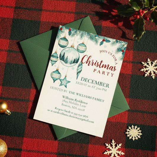  Teal Ornament Christmas Party Invitation Art