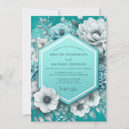 Teal Painterly Anemone Wedding Kaart (Voorkant)