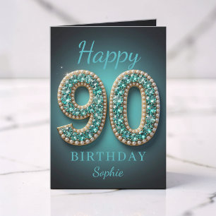 Teal Parel Diamant Glam 90ste Verjaardagsgroet Kaart