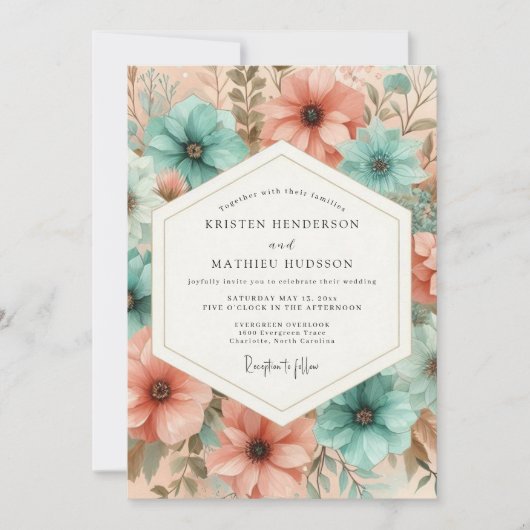Teal Peach Floral Ethereal Wedding Kaart (Voorkant)