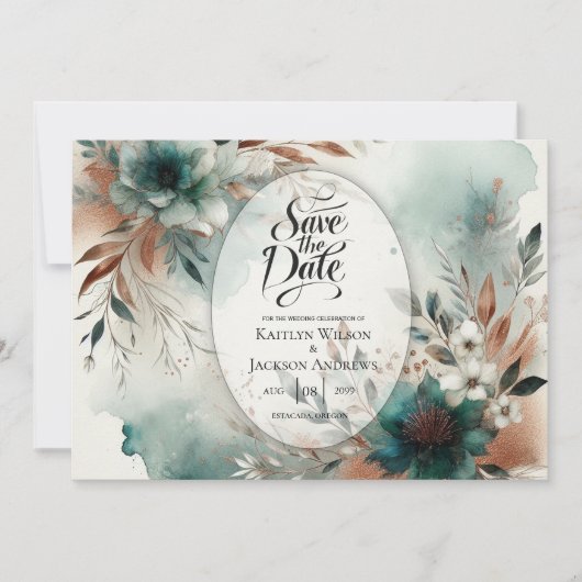 Teal Petals in Bronze Bloom Wedding Save The Date (Voorkant)