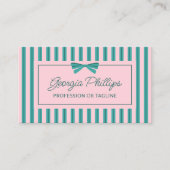 Teal & Pink Stripes & Bow Retro Visitekaartje (Voorkant)