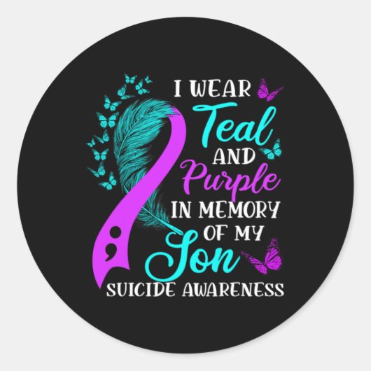 Teal Purple In Memory Of My Son Suicide Awareness Ronde Sticker (Voorkant)