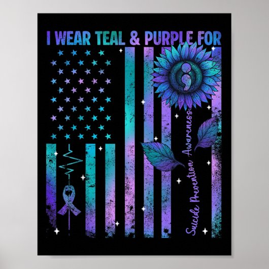 Teal Purple Us Usa Flag Suicide Prevention Awarene Poster (Voorkant)