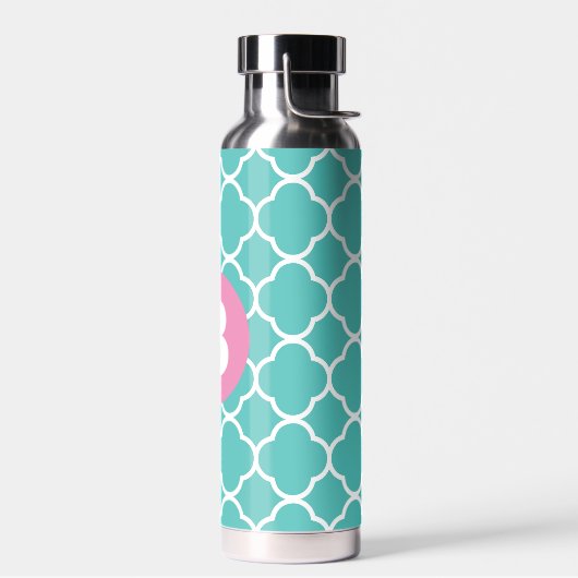 Teal Quatrefoil Pattern Custom Pink Monogram Waterfles (Links)