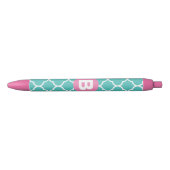 Teal Quatrefoil Pattern Custom Pink Monogram Zwarte Inkt Pen (Voorkant)