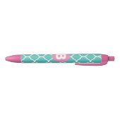 Teal Quatrefoil Pattern Custom Pink Monogram Zwarte Inkt Pen (Bodem)