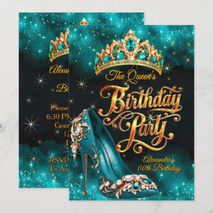 Teal Queen Princess Verjaardagsfeest Gouden Schoen Kaart