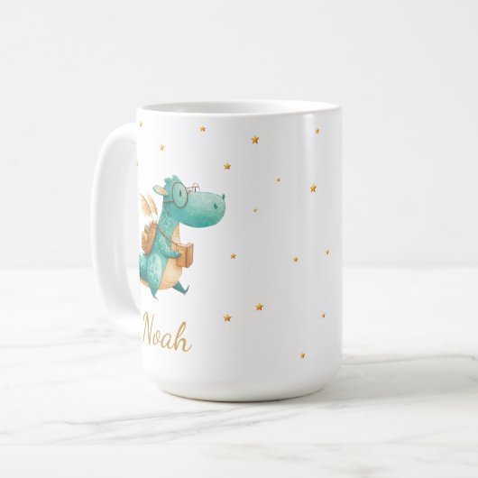 Teal Reading Dragon Mug – Personalized Boys’ Name (Devant gauche)
