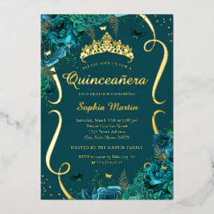 Teal Rose Floral Butterfly Tiara Quinceanera Folie Uitnodiging