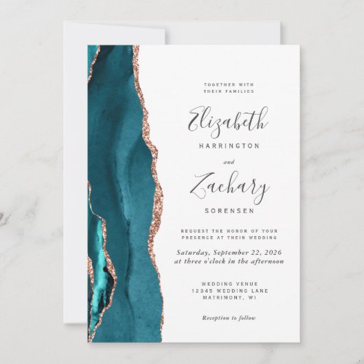 Teal Rose Gold Agate QR Code Wedding Invitation (Devant)