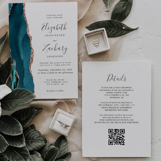 Teal Rose Gold Agate QR Code Wedding Invitation Kaart