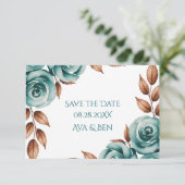 Teal Roses and Bronze Leaves Wedding Save The Date (Staand voorkant)