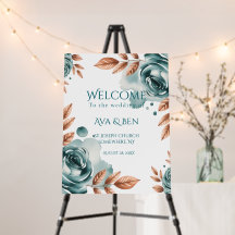 Teal Roses and Copper Leaves Welcome Sign