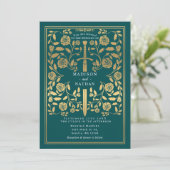 Teal Royal Medieval Gold Sword Wedding QR Code Kaart (Staand voorkant)