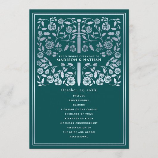 Teal Royal Medieval Silver Sword Wedding Program Programma (Voorkant)