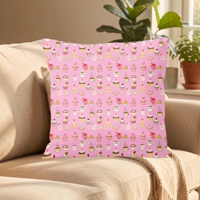 teal roze dubbelzijdig koffie cupcake donut patroo kussen (Creator heeft geüpload)