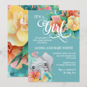Teal Roze Geel Bloemige Olifant Baby Meisje Shower Kaart