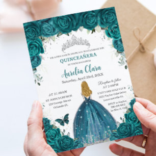 Teal Rozen Bloemige Blonde Prinses Quinceanera 16e Kaart