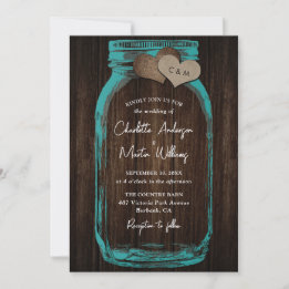 Teal Rustic Wood Burlap Hearts Mason Jar Wedding Kaart