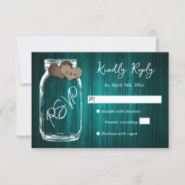 Teal Rustic Wood Mason Jar Burlap Hearts Wedding RSVP Kaartje