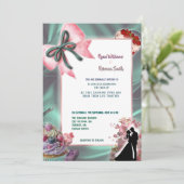 Teal Satin & Pink Bow Wedding Invitation (Debout devant)