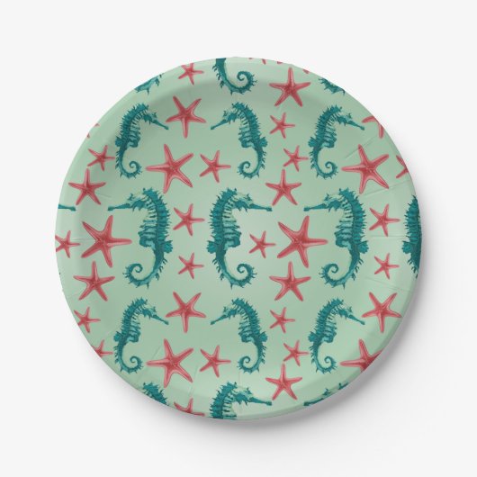 Teal Seahorse Pattern Papieren Bordje (Voorkant)