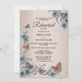 Teal Silver Floral Butterfly Tan Rehearsal Dinner Kaart (Voorkant)