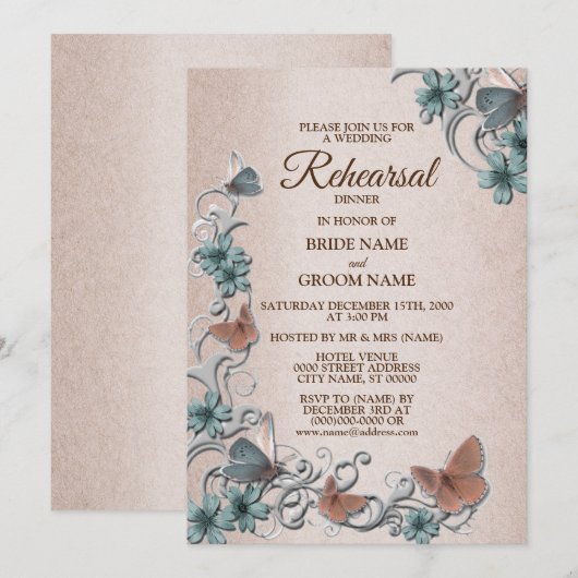 Teal Silver Floral Butterfly Tan Rehearsal Dinner Kaart (Voorkant / Achterkant)