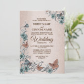 Teal Silver Floral Copper Butterfly Tan Wedding Kaart (Staand voorkant)