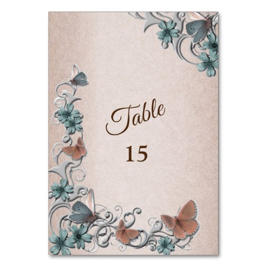 Teal Silver Floral Copper Butterfly Tan Wedding Kaart (Voorkant)