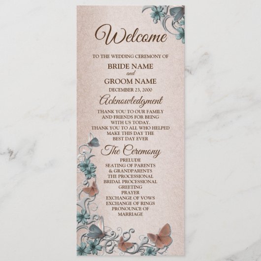 Teal Silver Floral Copper Butterfly Tan Wedding Programma (Voorkant)