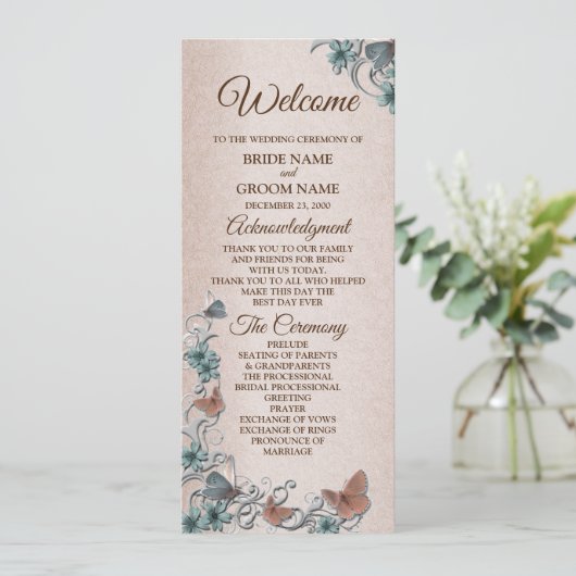 Teal Silver Floral Copper Butterfly Tan Wedding Programma (Staand voorkant)