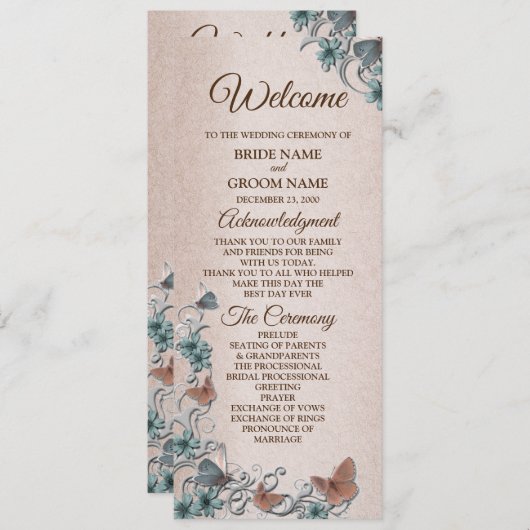 Teal Silver Floral Copper Butterfly Tan Wedding Programma (Voorkant / Achterkant)