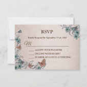 Teal Silver Floral Copper Butterfly Tan Wedding RSVP Kaartje (Voorkant)