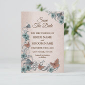 Teal Silver Floral Copper Butterfly Tan Wedding Save The Date (Staand voorkant)