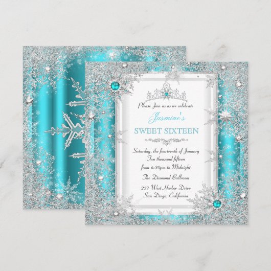 Teal Silver Winter Wonderland Sweet 16 Kaart (Voorkant / Achterkant)
