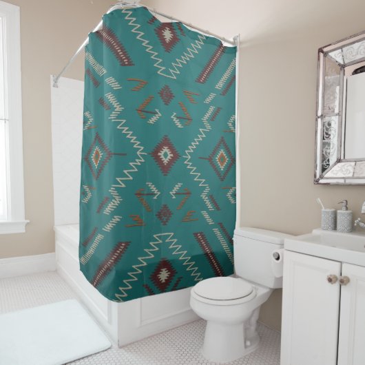 Teal Southwest Navajo Geometric Douchegordijn (In situ)