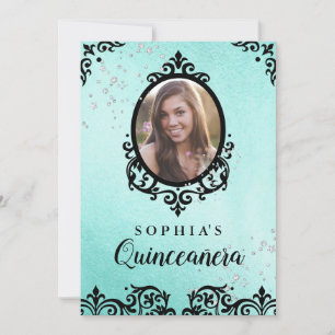 Teal Sparkle Damask Foto Quinceanera Kaart