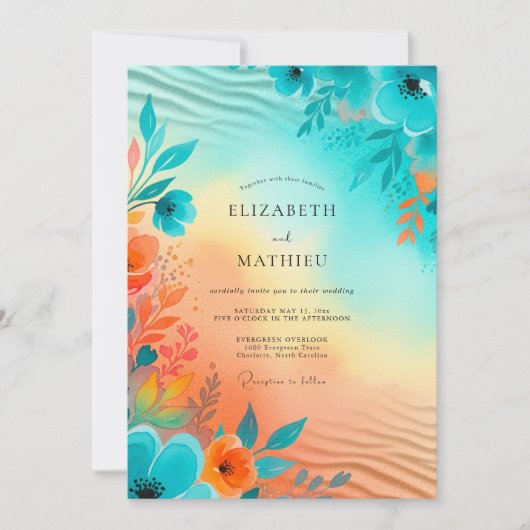 Teal Sun-kissed Coastal Wedding Kaart (Voorkant)
