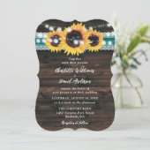 Teal Sunflower Rustic Wood String Lights Wedding Kaart (Staand voorkant)