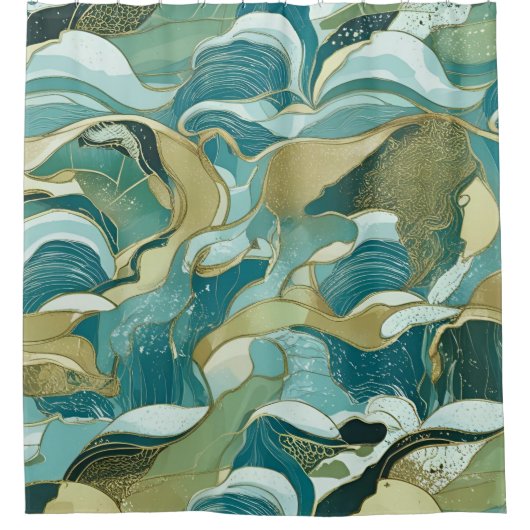Teal Tide: Abstracte Oceaaninspiratie Douchegordijn (Voorkant)