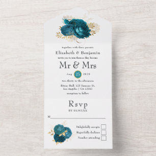Teal - Turquoise en gouden bloemige trouwkaart all In One Uitnodiging