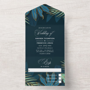 Teal - Turquoise en Gouden Tropische Bladeren Alle All In One Uitnodiging